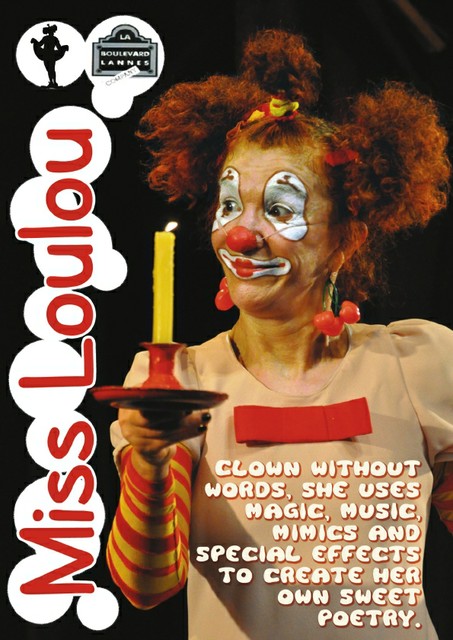 Clown without words, she uses magic, music, mimics special effects to crteate her own sweet poetry